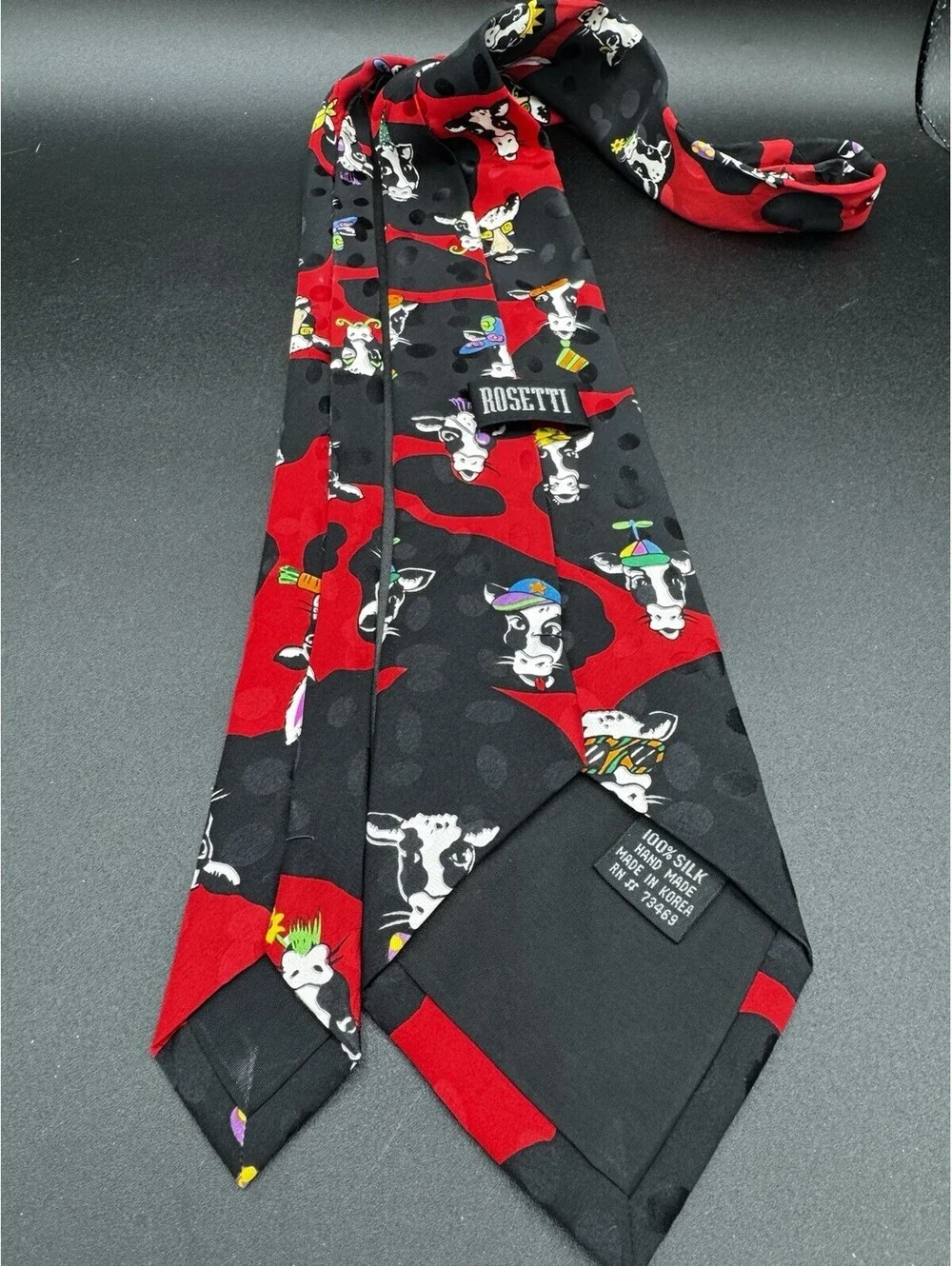 Vintage Rosetti Silk Cow Tie Novelty Farm Animal Red Black 56” x 3.75”